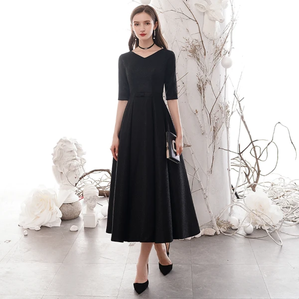 black homecoming long dresses A line Sweetheart Satin Tea Length Homecoming Dress, Black / 12 main image 1