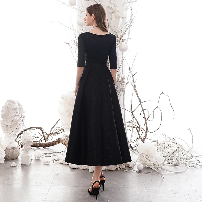 Affordable Black Homecoming Graduation Dresses 2020 A Line Princess V Neck  1 2 Sleeves Bow Sash Glitter Polyester Tea Length Formal Dresses