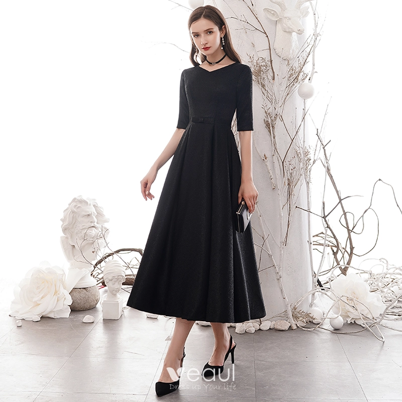 Affordable Black Homecoming Graduation Dresses 2020 A-Line / Princess V-Neck 1/2 Sleeves Bow Sash Glitter Polyester Tea-length Formal Dresses Affordable Black Homecoming Graduation Dresses 2020 A-Line / Princess V-Neck 1/2 Sleeves Bow Sash Glitter Polyester Tea-length Formal Dresses