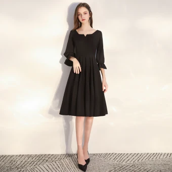Affordable Black Homecoming Graduation Dresses 2020 A Line Princess Square Neckline Puffy 3 4 Sleeve Knee Length Ruffle Backless Formal Dresses