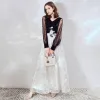 Affordable Black White Evening Dresses  2020 A-Line / Princess V-Neck Puffy Long Sleeve Spotted Tulle Star Appliques Lace Floor-Length / Long Ruffle Formal Dresses