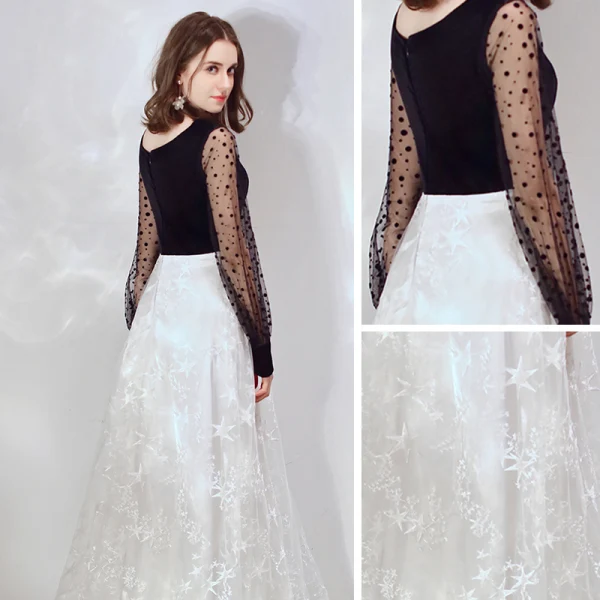 Affordable Black White Evening Dresses 2020 A-Line / Princess V-Neck Puffy Long Sleeve Spotted Tulle Star Appliques Lace Floor-Length / Long Ruffle Formal Dresses
