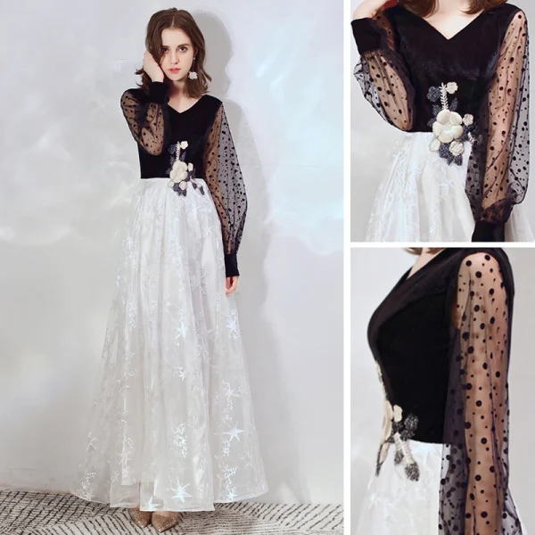 Affordable Black White Evening Dresses 2020 A-Line / Princess V-Neck Puffy Long Sleeve Spotted Tulle Star Appliques Lace Floor-Length / Long Ruffle Formal Dresses