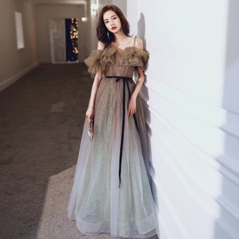 Elegant Sage Green Gradient Color Champagne Dancing Prom Dresses 2020 A Line Princess See Through Deep V Neck Spaghetti Straps Short Sleeve Sash Glitter Tulle Floor Length Long Ruffle Backless Formal Dresses