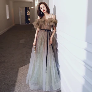 Elegant Sage Green Gradient Color Champagne Dancing Prom Dresses 2020 A Line Princess See Through Deep V Neck Spaghetti Straps Short Sleeve Sash Glitter Tulle Floor Length Long Ruffle Backless Formal Dresses