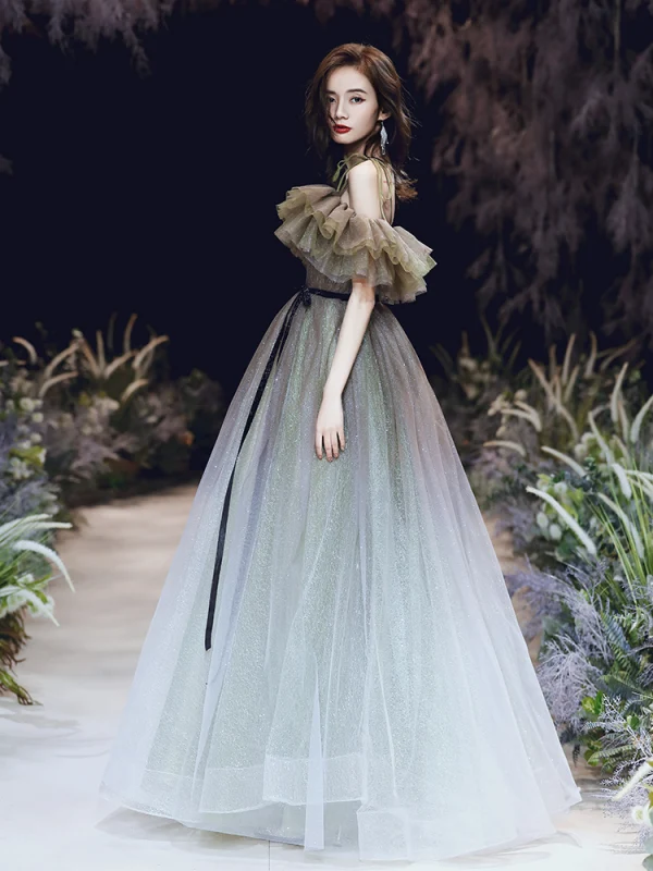 Elegant Sage Green Gradient-Color Champagne Dancing Prom Dresses 2020 A-Line Princess