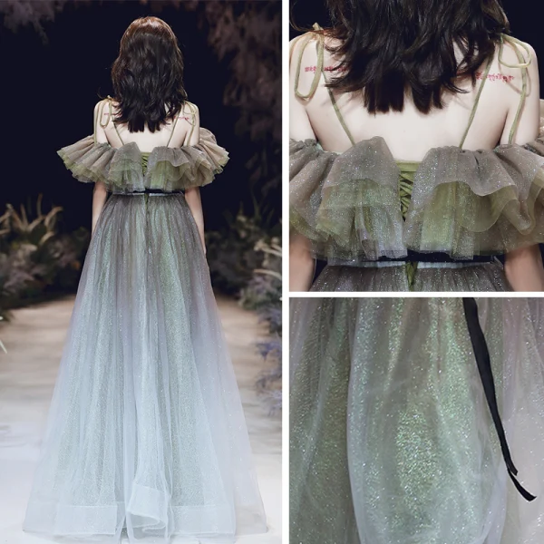 Élégant Vert Cendré Dégradé De Couleur Champagne Dansant Robe De Bal 2020 Princesse Transparentes Col v profond Bretelles Spaghetti Manches Courtes Ceinture Glitter Tulle Longue Volants Dos Nu Robe De Ceremonie