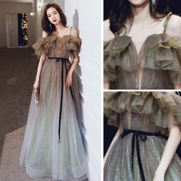 Élégant Vert Cendré Dégradé De Couleur Champagne Dansant Robe De Bal 2020 Princesse Transparentes Col v profond Bretelles Spaghetti Manches Courtes Ceinture Glitter Tulle Longue Volants Dos Nu Robe De Ceremonie