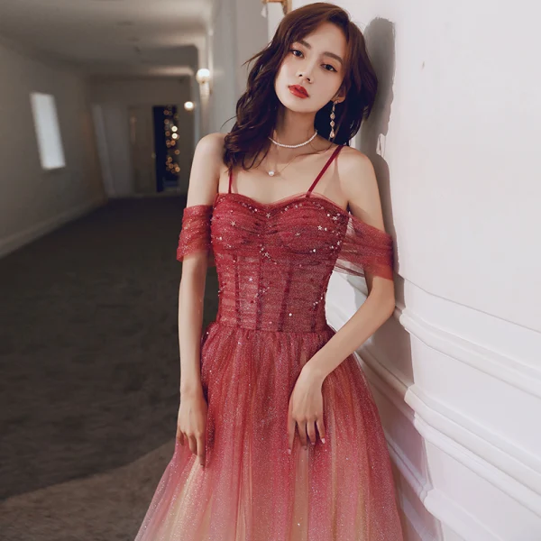 Élégant Rouge Dégradé De Couleur Robe De Soirée 2020 Princesse Bretelles Spaghetti Manches Courtes Glitter Tulle Paillettes Longue Volants Dos Nu Robe De Ceremonie