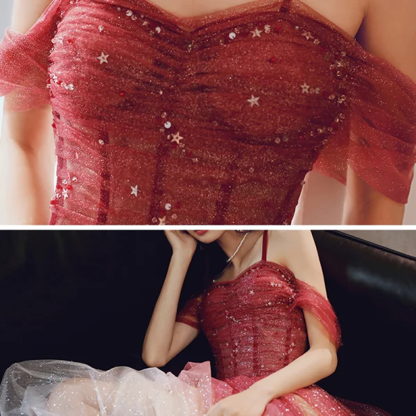 Élégant Rouge Dégradé De Couleur Robe De Soirée 2020 Princesse Bretelles Spaghetti Manches Courtes Glitter Tulle Paillettes Longue Volants Dos Nu Robe De Ceremonie