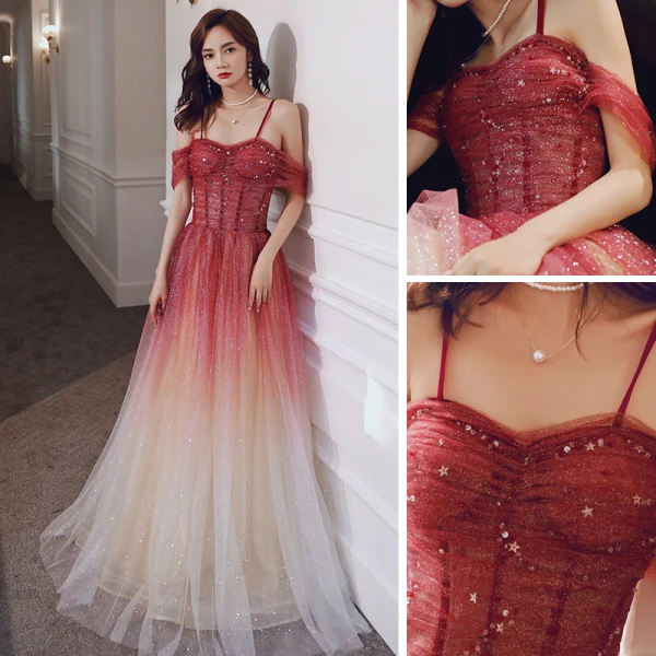Élégant Rouge Dégradé De Couleur Robe De Soirée 2020 Princesse Bretelles Spaghetti Manches Courtes Glitter Tulle Paillettes Longue Volants Dos Nu Robe De Ceremonie