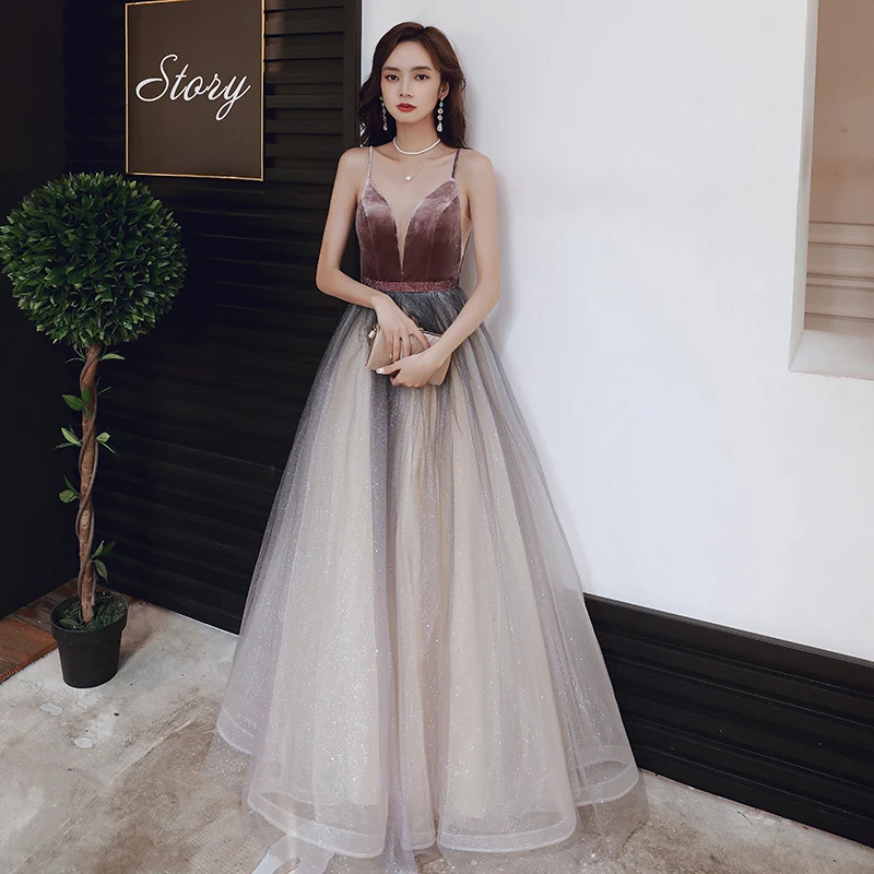 Sexy Brown Gradient-Color Evening Dresses 2020 A-Line Princess See-Through Deep V-Neck