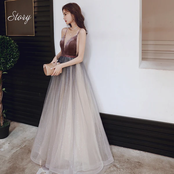 Sexy Marron Dégradé De Couleur Robe De Soirée 2020 Princesse Transparentes Col v profond Sans Manches Bretelles Spaghetti Glitter Tulle Ceinture Longue Volants Dos Nu Robe De Ceremonie