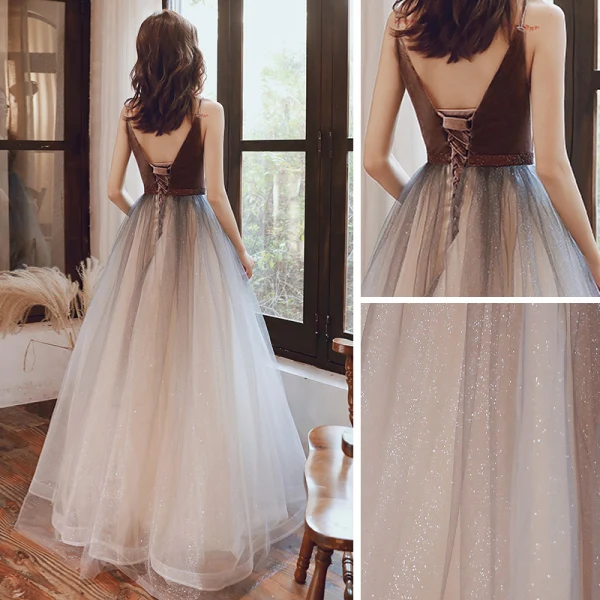 Sexy Marron Dégradé De Couleur Robe De Soirée 2020 Princesse Transparentes Col v profond Sans Manches Bretelles Spaghetti Glitter Tulle Ceinture Longue Volants Dos Nu Robe De Ceremonie