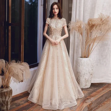 Vintage Retro Champagne Evening Dresses 2020 A Line Princess High Neck Short Sleeve Appliques Sequins Floor Length Long Ruffle Backless Formal Dresses