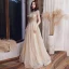 Vintage / Originale Champagne Robe De Soirée 2020 Princesse Col Haut Manches Courtes Appliques Paillettes Longue Volants Dos Nu Robe De Ceremonie