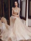 Vintage / Originale Champagne Robe De Soirée 2020 Princesse Col Haut Manches Courtes Appliques Paillettes Longue Volants Dos Nu Robe De Ceremonie