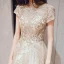 Vintage / Originale Champagne Robe De Soirée 2020 Princesse Col Haut Manches Courtes Appliques Paillettes Longue Volants Dos Nu Robe De Ceremonie