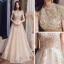 Vintage / Originale Champagne Robe De Soirée 2020 Princesse Col Haut Manches Courtes Appliques Paillettes Longue Volants Dos Nu Robe De Ceremonie