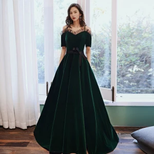 Élégant Vert Foncé Velour Hiver Robe De Soirée 2020 Princesse De L 039 Épaule Bretelles Spaghetti Manches Courtes Ceinture Longue Volants Dos Nu Robe De Ceremonie