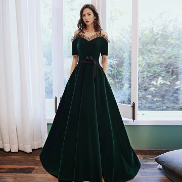 Élégant Vert Foncé Velour Hiver Robe De Soirée 2020 Princesse De L 039 Épaule Bretelles Spaghetti Manches Courtes Ceinture Longue Volants Dos Nu Robe De Ceremonie