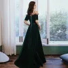 Elegant Dark Green Velour Winter Evening Dresses  2020 A-Line / Princess Off-The-Shoulder Spaghetti Straps Short Sleeve Sash Floor-Length / Long Ruffle Backless Formal Dresses