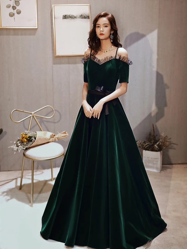 Élégant Vert Foncé Velour Hiver Robe De Soirée 2020 Princesse De l'épaule Bretelles Spaghetti Manches Courtes Ceinture Longue Volants Dos Nu Robe De Ceremonie