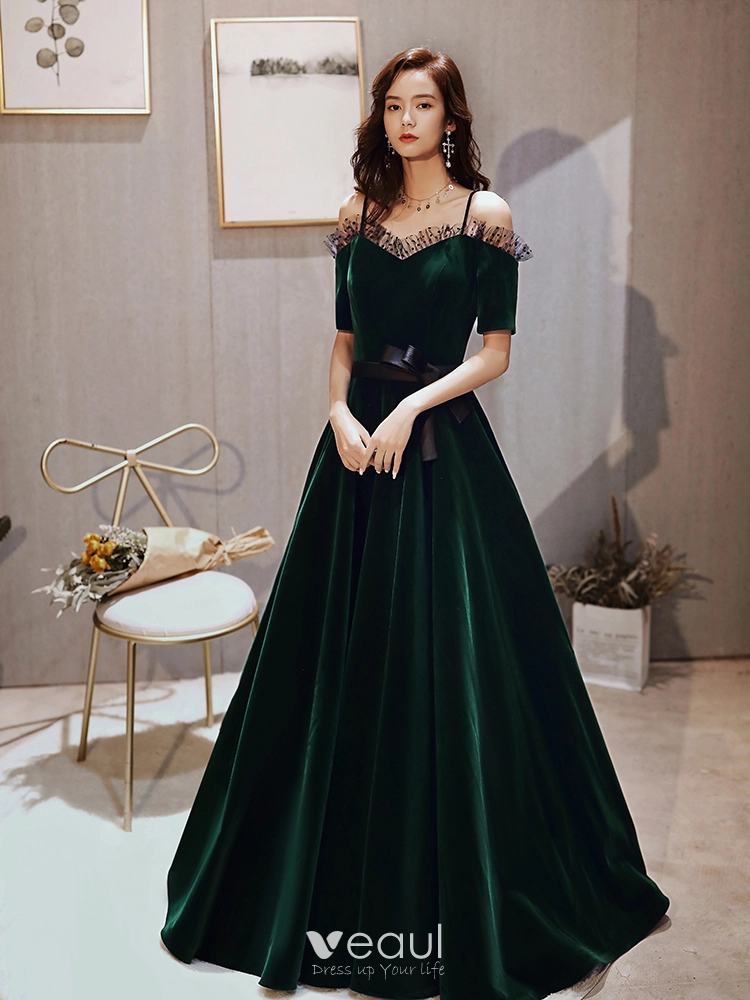Elegant Dark Green Velour Winter Evening Dresses 2020 A-Line / Princess Off-The-Shoulder Spaghetti Straps Short Sleeve Sash Floor-Length / Long Ruffle