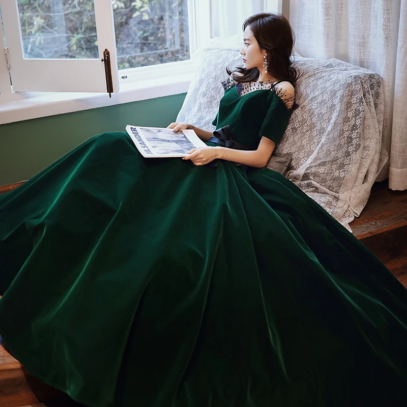 navy blue dress for baby girl Elegant Dark Green Velour Winter Evening Dresses 2020 A Line Princess Off  The Shoulder Spaghetti Straps Short Sleeve Sash Floor Length Long Ruffle  Backless Formal Dresses