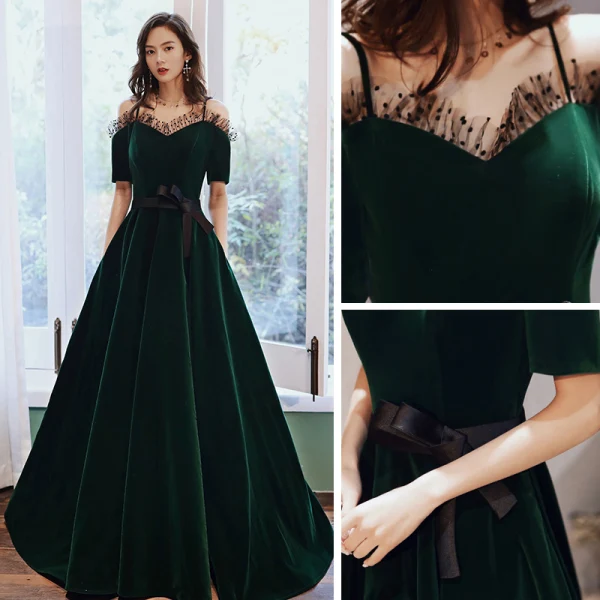 Élégant Vert Foncé Velour Hiver Robe De Soirée 2020 Princesse De l'épaule Bretelles Spaghetti Manches Courtes Ceinture Longue Volants Dos Nu Robe De Ceremonie