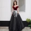 Chic / Beautiful Black Red Suede Evening Dresses  2020 A-Line / Princess Off-The-Shoulder Short Sleeve Checked Tulle Appliques Lace Floor-Length / Long Ruffle Formal Dresses