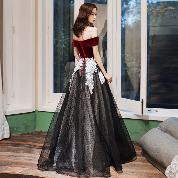 black and red lace formal dress A Line Strapless Ruffle Black Lace Long Prom Dress with High Slit, Bla –  abcprom main image 1
