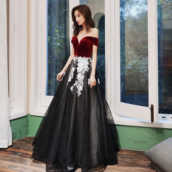 Chic Beautiful Black Red Suede Evening Dresses 2020 A-Line Princess Off-The-Shoulder