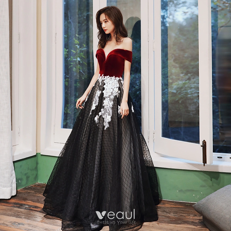 Chic Beautiful Black Red Suede Evening Dresses 2020 A-Line Princess Off-The-Shoulder