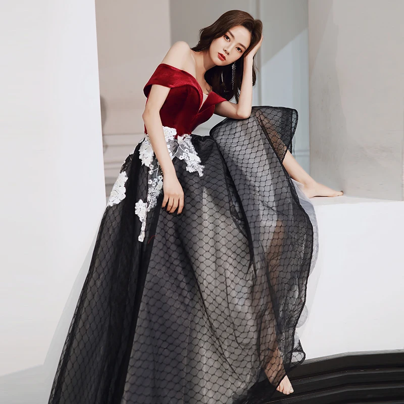 open lace back dress Ball Gown Sweetheart Sweep Train Dark Red Tulle Prom Dress US10 / Custom Color main image 0