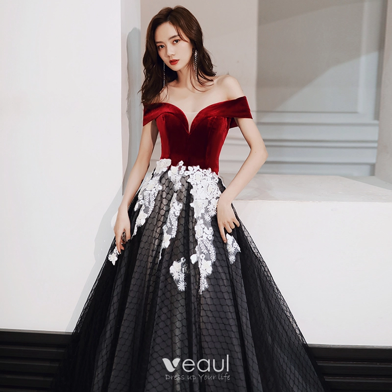 Chic Beautiful Black Red Suede Evening Dresses 2020 A-Line Princess Off-The-Shoulder