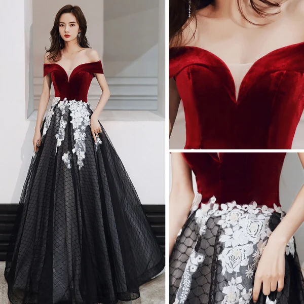 Chic / Beautiful Black Red Suede Evening Dresses 2020 A-Line / Princess Off-The-Shoulder Short Sleeve Checked Tulle Appliques Lace Floor-Length / Long Ruffle Formal Dresses