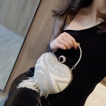 Fashion Silver Heart Shaped Clutch Bags 2020 Metal Rhinestone Tassel