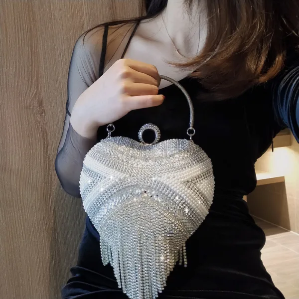 Mode Argenté Forme de coeur Pochette 2020 Métal Faux Diamant Gland