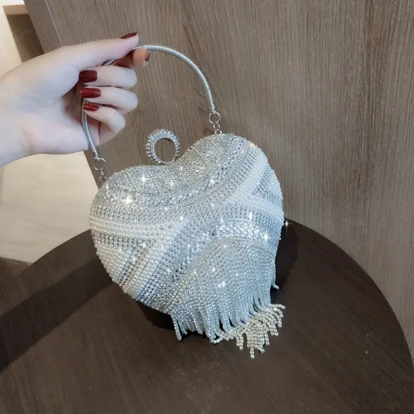 Mode Argenté Forme de coeur Pochette 2020 Métal Faux Diamant Gland