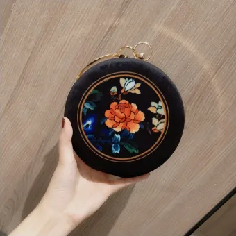 Chinese Style Black Velour Round Clutch Bags 2020 Metal Embroidered Flower