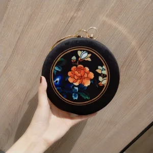 Chinesischer Stil Schwarz Velour Runde Clutch Tasche 2020 Metall Stickerei Blumen