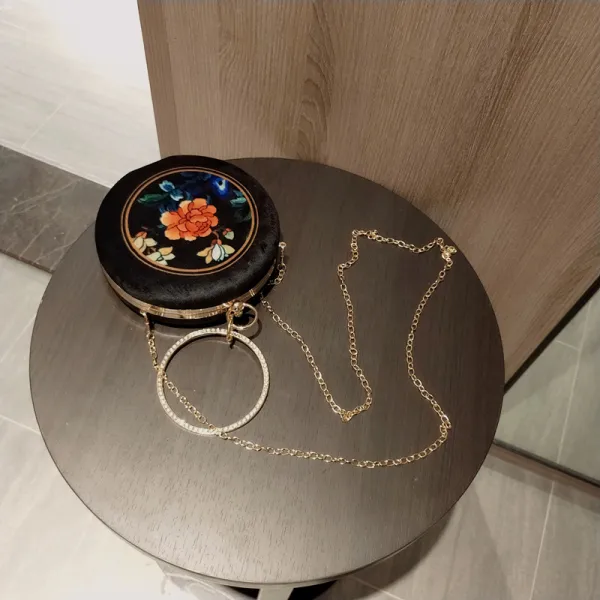 Kinesisk Stil Svarta Velour Runda Kuvertväska 2020 Metall Broderade Blomma