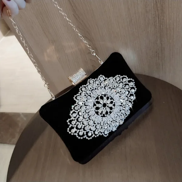 Chic / Belle Noire Daim Carrés Pochette 2020 Métal Faux Diamant
