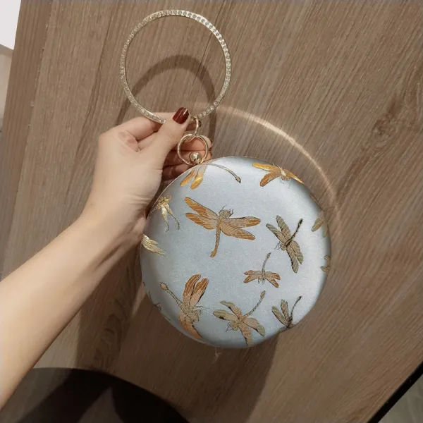 Lovely Silver Round Patent Leather Clutch Bags 2020 Metal Rhinestone Cartoon Embroidered