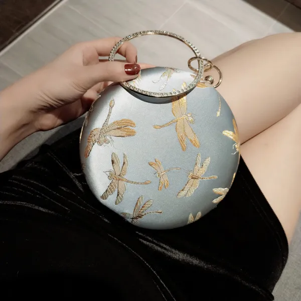 Lovely Silver Round Patent Leather Clutch Bags 2020 Metal Rhinestone Cartoon Embroidered