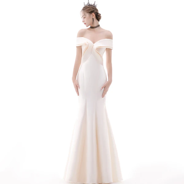 Affordable Champagne Evening Dresses 2020 Trumpet / Mermaid Off-The-Shoulder Short Sleeve Floor-Length / Long Ruffle Backless Formal Dresses