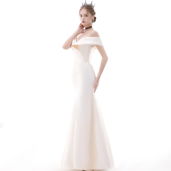Affordable Champagne Evening Dresses 2020 Trumpet / Mermaid Off-The-Shoulder Short Sleeve Floor-Length / Long Ruffle Backless Formal Dresses