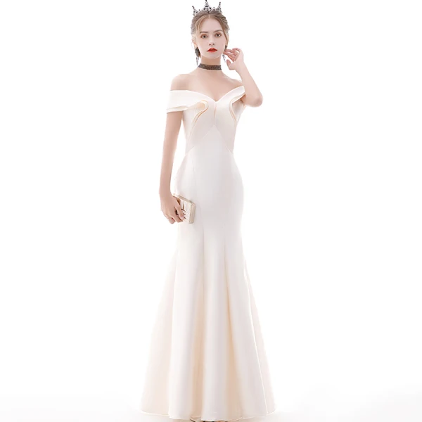 Affordable Champagne Evening Dresses 2020 Trumpet / Mermaid Off-The-Shoulder Short Sleeve Floor-Length / Long Ruffle Backless Formal Dresses
