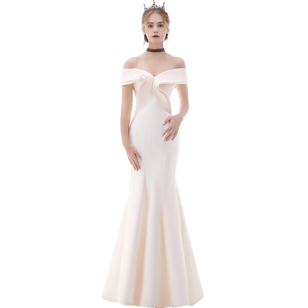 Affordable Champagne Evening Dresses 2020 Trumpet / Mermaid Off-The-Shoulder Short Sleeve Floor-Length / Long Ruffle Backless Formal Dresses